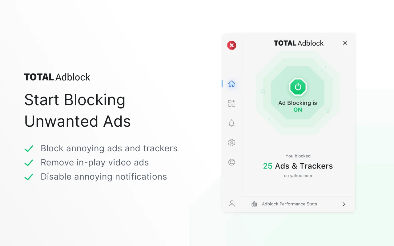 Total Adblock browser extension interface showing ad-blocking controls