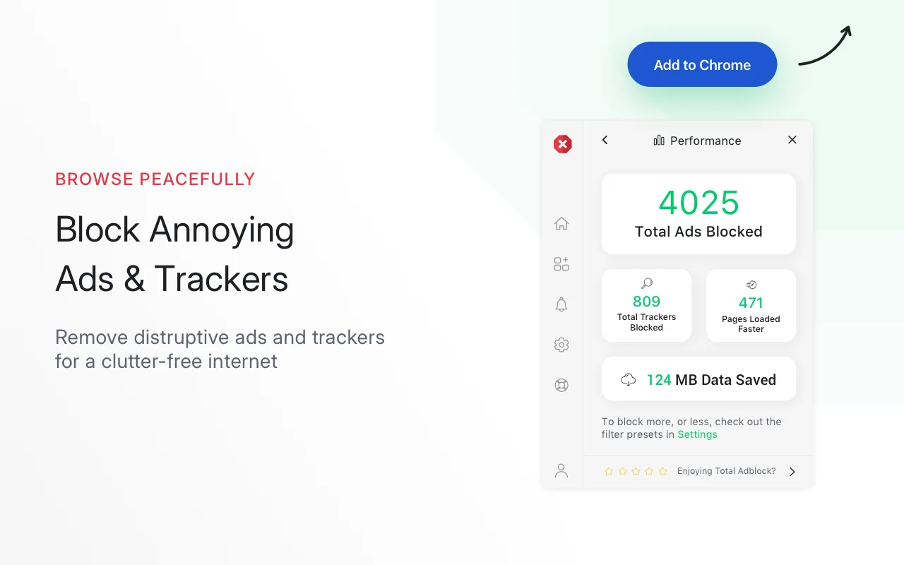 Total Adblock interface explaining ad and tracker blocking